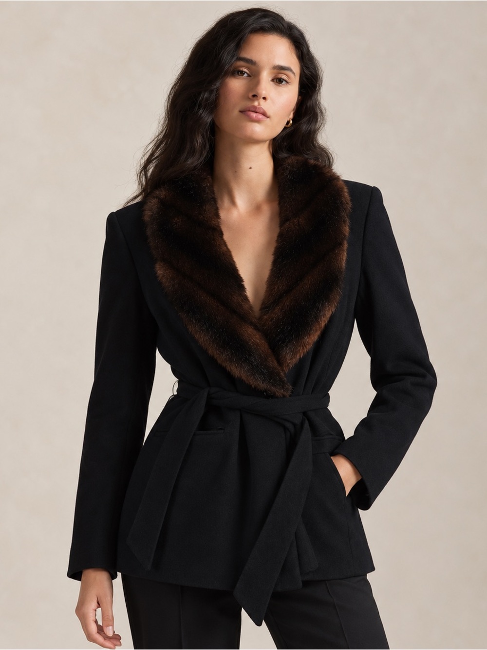 Vintage Ralph Lauren Wool Fur Collar Blazer Belted Jacket Black Brown Short 90s